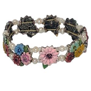Women’s Multicolored Enamel Flower Rhinestone Pearl Vintage Stretch Bracelet 7”
